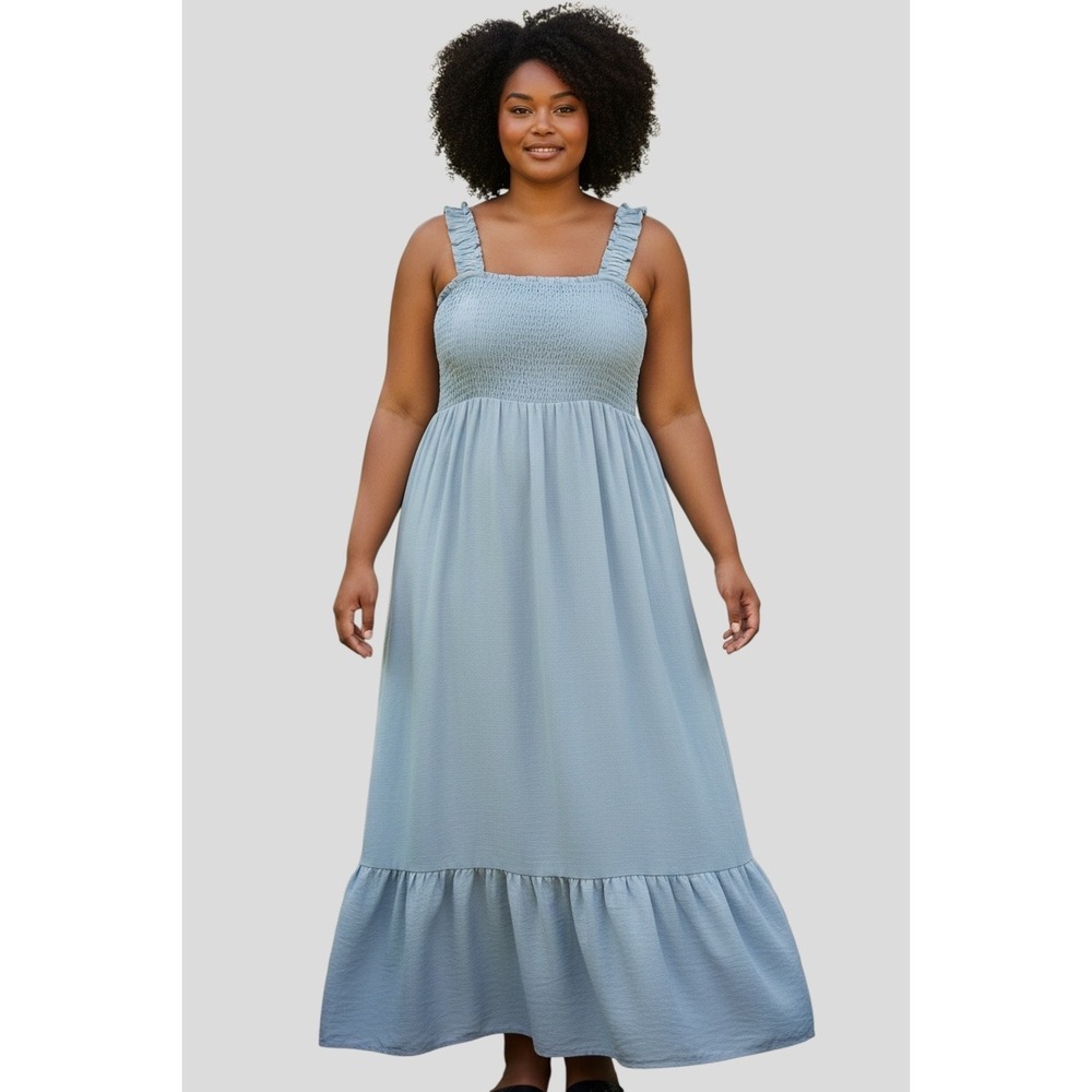 Derek Heart Women XL Light Blue Smocked Bodice Ruffle Strap Tiered Maxi Dress